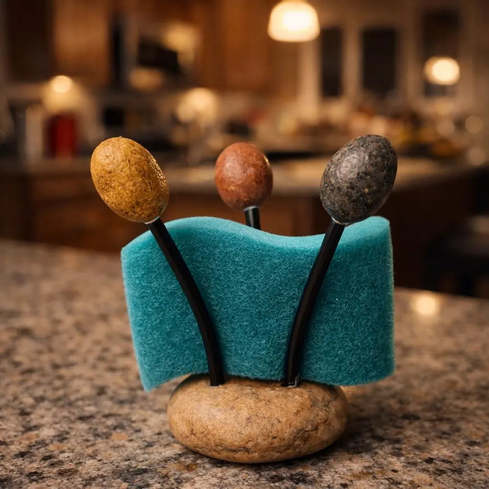 Stone Sponge Holder for Kitchen Sink | Natural Pebble Sponge Stand | Flexible Rustproof Wire | Handmade Kitchen Counter Organizer