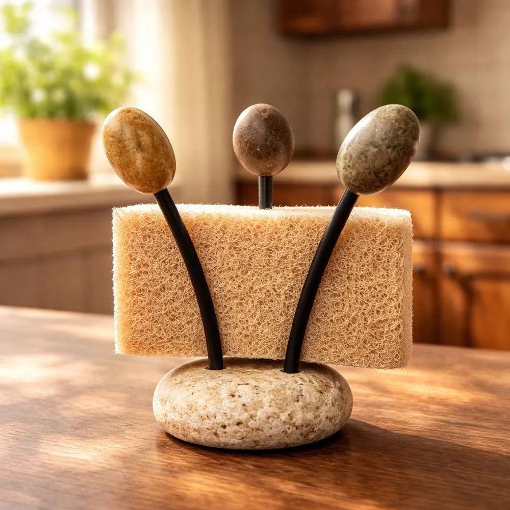 Stone Sponge Holder for Kitchen Sink | Natural Pebble Sponge Stand | Flexible Rustproof Wire | Handmade Kitchen Counter Organizer