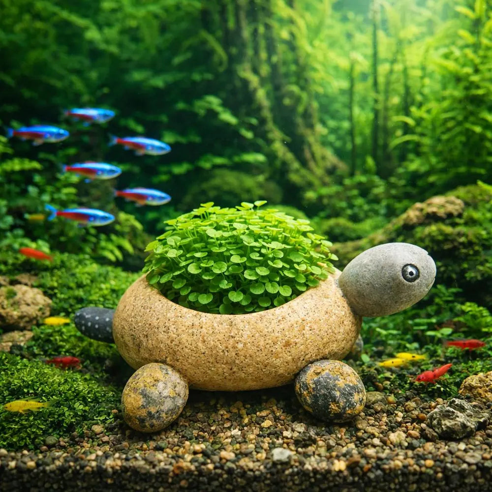 Aquarium Decor Turtle Planter, Shrimp Hide Cave, Fish Tank Plant Pot, Pebble Aquarium Decor, Mini Planter for Aquascape