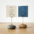 Natural Stone Menu Holder, Heart Wire Place Card Stand for Weddings, Pebble Table Number Holder for Restaurants, Buffet Food Label Clip