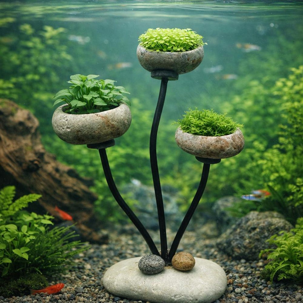 Aquarium Plant Holder Stand, Stone Planter Set, Adjustable Wire Aquascape Decor, Pebble Mini Pots, Fish Tank Plant Display