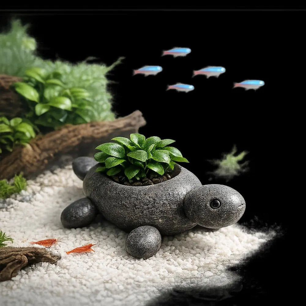 Aquarium Decor Turtle Planter, Shrimp Hide Cave, Fish Tank Plant Pot, Pebble Aquarium Decor, Mini Planter for Aquascape