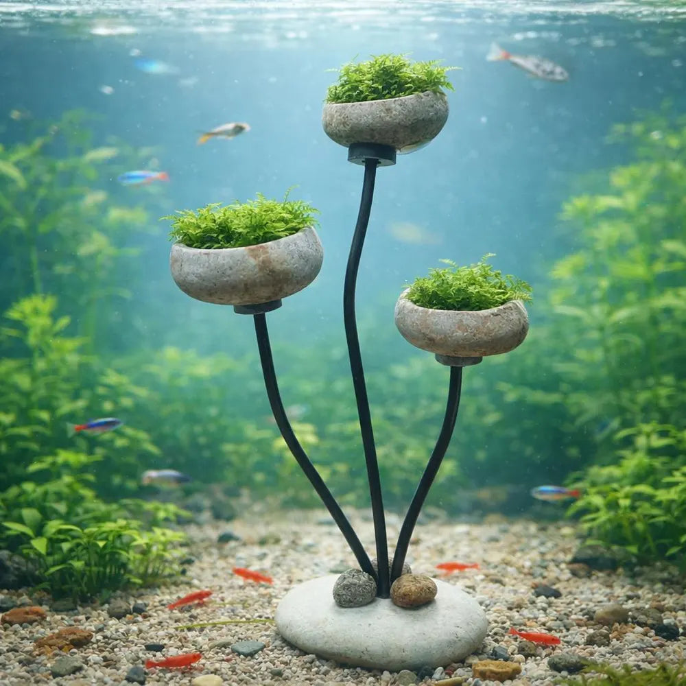 Aquarium Plant Holder Stand, Stone Planter Set, Adjustable Wire Aquascape Decor, Pebble Mini Pots, Fish Tank Plant Display