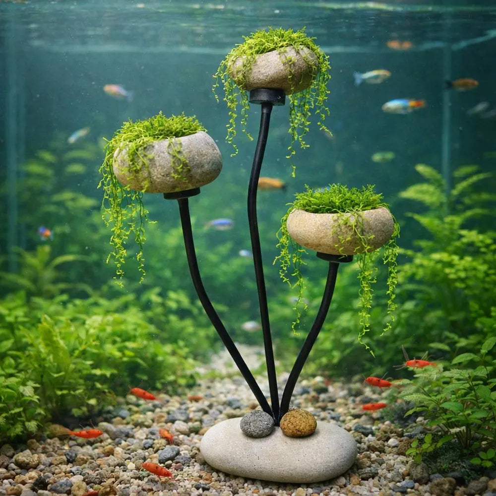 Aquarium Plant Holder Stand, Stone Planter Set, Adjustable Wire Aquascape Decor, Pebble Mini Pots, Fish Tank Plant Display