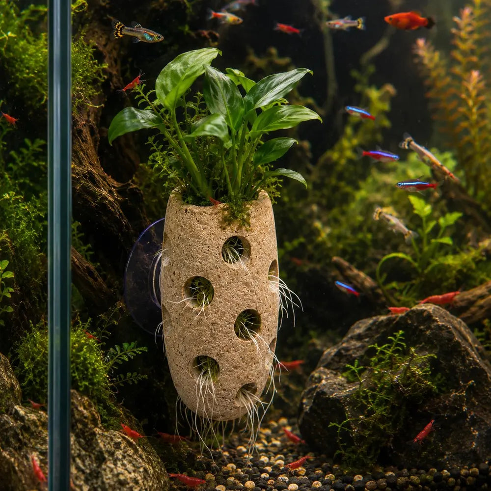 Aquarium Holder, Fish Tank Planter, Aquarium Suction Cup Planter, Aquarium Plant Holder, Natural Stone Aquarium Decor