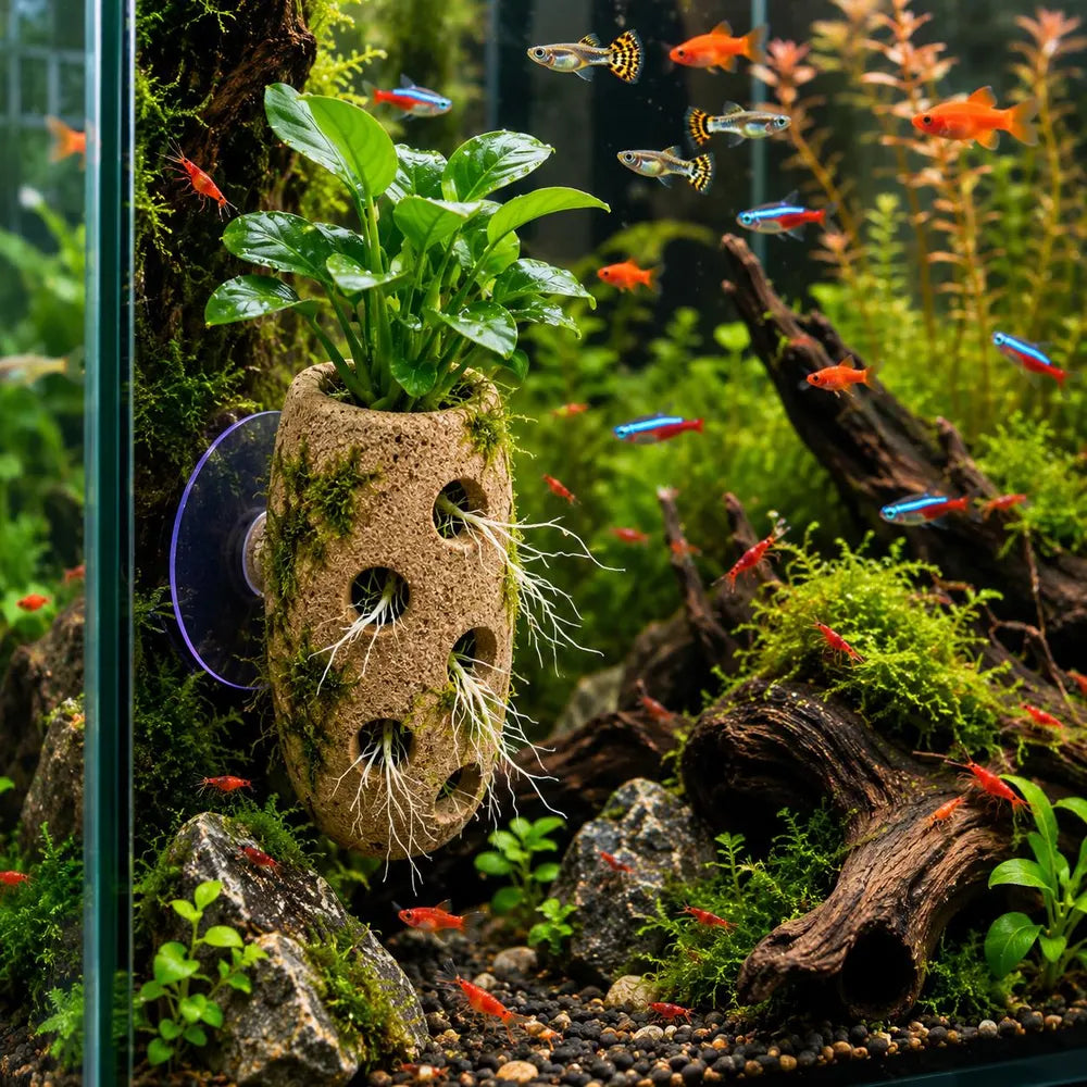 Aquarium Holder, Fish Tank Planter, Aquarium Suction Cup Planter, Aquarium Plant Holder, Natural Stone Aquarium Decor