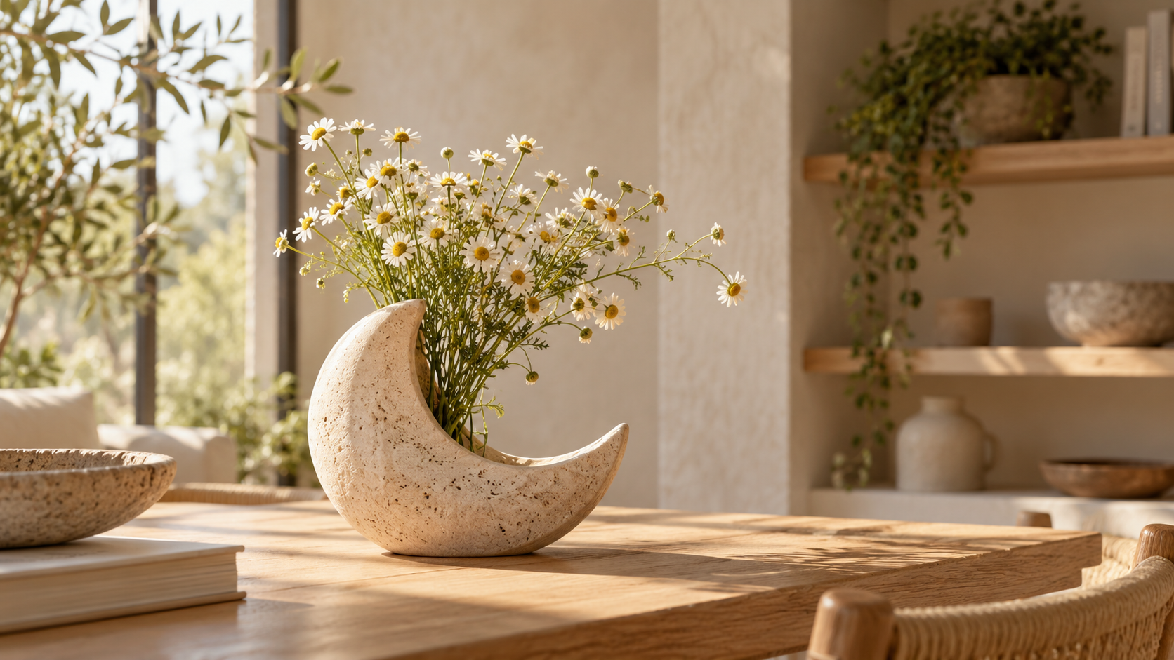 A calm Velinor Home interior with a sculptural stone vase